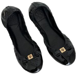 Tory Burch Eddie 2 Bow Logo Patent Black Round Bow Flats 10.5